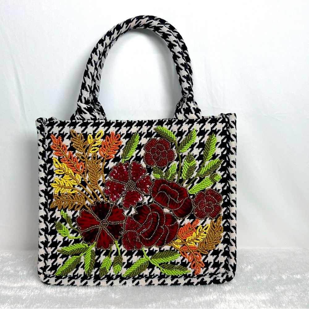 America & Beyond Elegant Floral Embroidered Houndstooth Tote - Picture 7 of 9